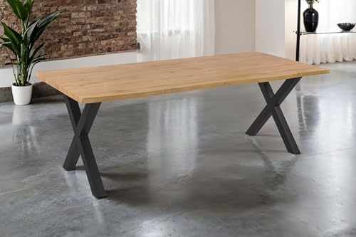 SAM Esstisch Josy | 240 x 100 cm | Holz Wildeiche-Optik | X-Gestell Metall schwarz | 40 mm Tischplatte mit Baumkante | Tisch für Esszimmer & Küche