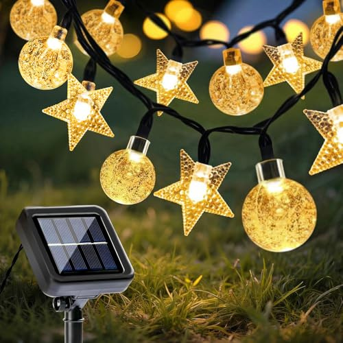 COZII Solar Lights Outdoor Garden, 60LED 10M/33Ft Solar Garden Lights String with IP65 Waterproof, 8 Modes Lighting, Crystal Ball & Stars Fairy Lights for Yard, Garden, Home, Patio(Warm White)