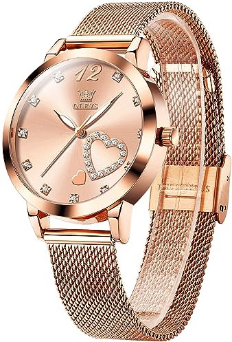 OLEVS Damen Roségoldene Ultradünne Uhren Stilvolle Rosa Gesicht Eleganz Edelstahl Netzband Damen Quarzuhr Wasserdicht Leuchtend Exquisite Herzform mit Diamanten Kleine Armbanduhr für Frauen