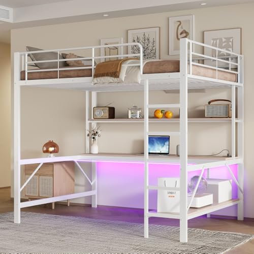 Zubaliya Lit Mezzanine 140 x 200 cm avec Prise USB et Secteur et éclairage LED,Lit superposé Enfant avec Bureau, étagère à Plusieurs Niveaux et Garde-Corps,métal,sans Matelas (blanc-140)