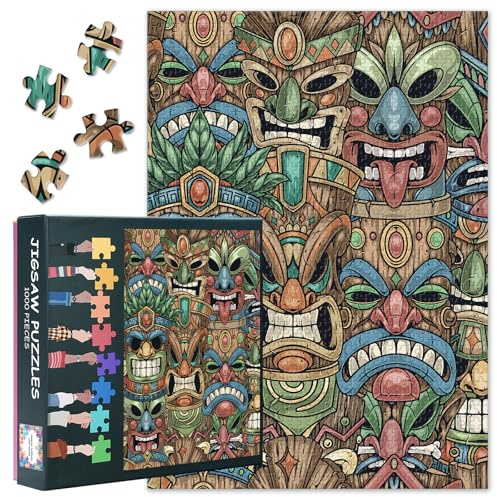 Maya 1000 Teile Puzzles für Erwachsene Maya-Masken Nahtlose Muster Bunte Puzzles, Schwierig Unmöglich Herausfordernde Puzzle, 50x70 cm
