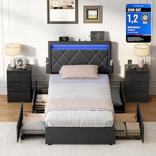 VASAGLE Einzelbettgestell, Metallbett, LED, 4 Schubladen, Ladestation | Passend für 90 x 200 cm Matratze, verstellbares gepolstertes Kopfteil, Schiefergrau, MAZEY Kollektion RMB820GN02