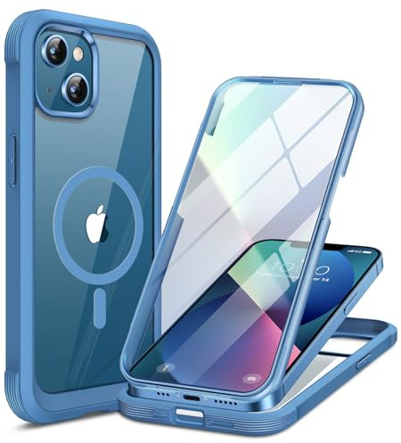 Miracase Magnetic Case for iPhone 13 Case 6.1-Inch, [Built-in 9H Tempered Glass Screen Protector] Full Body Bumper Shockproof Cover with Clear Back, Compatible with MagSafe (Capri Blue)