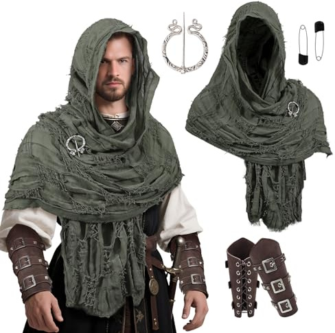 Lyxaof Adults Hooded Shawl Fancy Medieval Costume Props with Arm Guard Pin Brooch Halloween Renaissance Carnival Dress Up Accessories for Men Women