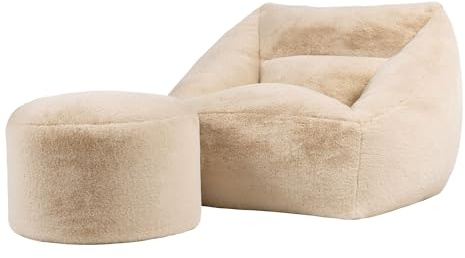 icon Natalia Bean Bag Chair with Pouffe, Natural, Faux Fur, Large Adult Bean Bag with Filling Included, Comfy Chair, Armchair, Living Room Furniture, Bedroom Furniture