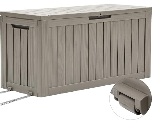 YITAHOME Outdoor-Aufbewahrungsbox mit Rollen, 270L Kunststoff-Gartenbox, Wetterfeste Aufbewahrungskiste für Kissen, Werkzeug & Poolzubehör, Abschließbar, Holzoptik, 114,7 x 46,5 x 57,6 cm, Hellbraun