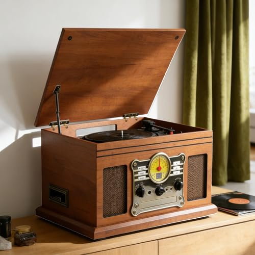 HCAUYNN Turntable Music Center with 3-Speed Record Player & Bluetooth – Handmade Wooden Exterior, Built-in CD/Cassette Player, USB Port, AM/FM Radio