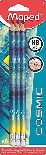 Maped - Graphitstifte HB #2 Black'Peps Tattoo Cosmic Teens – Bleistifte aus Holz mit Radiergummi – ergonomische Form – 6 Bleistifte, zufällige Farbe