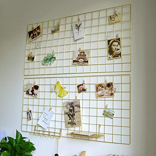Yash Metall-Drahtgitter-Panel, Display Organizer, Postkarte, Wandkunst, Display für Zuhause, Büro, Wohnzimmer, Wohnheimzimmer, Küche, Aufbewahrungsgitter, Wand, 95 x 45 cm, 2 Stück, Gold