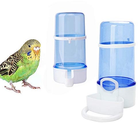 2 Pack Automatic Bird Feeder Bird Water Bottle Drinker Clear Food Seed Dispenser Container Set Hanging in Cage No-Mess for Parrots Budgie Cockatiel Lovebirds Finch Canary Hamster 415ml (Blue)