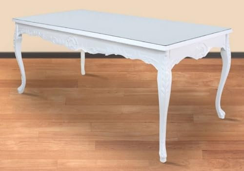 Casa Padrino Table à manger baroque blanche 200 x 100 x H. 90 cm - Table de cuisine en bois massif avec plateau en verre - Meuble de salle à manger baroque