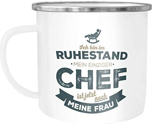 Moonworks® Emaille -Tasse Rentner Ich bin im Ruhestand mein einziger Chef ist meine Frau lustiges Geschenk Rente weiß-metall Emailletasse