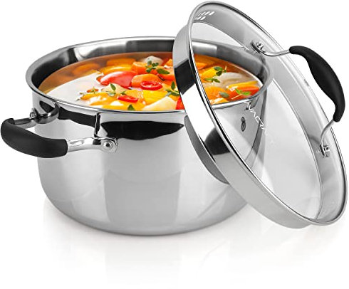 AVACRAFT Tri-Ply Stainless Steel Stockpot with Glass Strainer Lid, Side Spouts, 6 Quart Pot, Multipurpose Stock Pot, Sauce Pot (Tri-Ply Full Body, 6 QT)