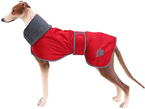 Geyecete Hunde Wintermäntel fur Windhund,Hundejacken mit plüschfutter,Wasserdichter Regenmantel Winddicht, Outdoor-Hundebekleidung mit Sicheren Reflexstreifen,fur mittel und große Hunde-Rot-XS