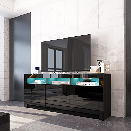 BESTWANTED Black High Gloss Sideboard Cabinet with LED Lights for Living Room, Modern Storage Furniture with 2 Doors 3 Drawers, 160 x 35 x 72cm