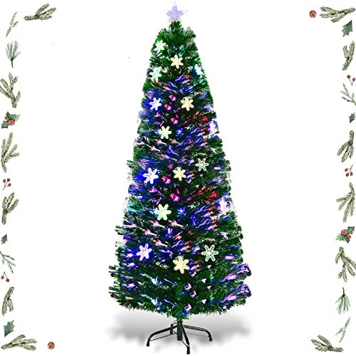 GYMAX Albero di Natale Artificiale 180 cm, Illuminato con Luci Fibre Ottiche, 28 LED Lampadine a Neve, 220 Rami Folti, Punte a Stella, Montaggio Facile, Decorazione Natalizia per Casa/Ufficio/Negozio
