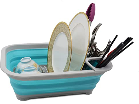 SAMMART 7.5L Collapsible Plastic Dish Drainer - Foldable Drying Rack Set - Portable Dinnerware Organizer - Space Saving Kitchen Storage Tray (1, Grau/Cyanin (W/O Basisplatte))