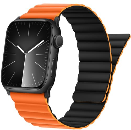 Tasikar Band Kompatibel mit Apple Watch Armband 49mm 46mm 45mm 44mm 42mm Silikon Ersatzarmband mit Starkem Magnetverschluss Kompatibel mit iWatch Ultra 2 SE Series 10 9 8 7 6 5 4 3 (Orange-Schwarz)