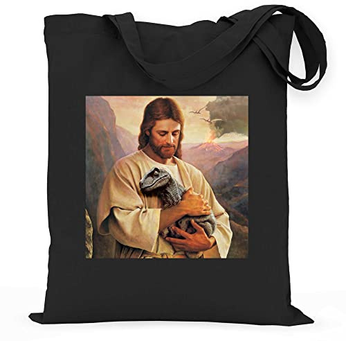 wowshirt Stoffbeutel Jutebeutel Jesus Hält Dino Dinosaur Atheist Atheismus Nerd Geek, Farbe:Black