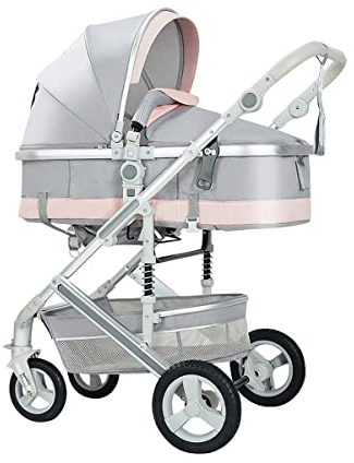 Faltbarer 2-in-1-Kinderwagen, Kleinkinder-Kinderwagen Mit Echtem Stubenwagen-Modus, Umkehrbarer Neugeborenen-Kinderwagen, Mit Verstellbarer Rückenlehne, Inklusive Getränkehalter (Color : Pink)