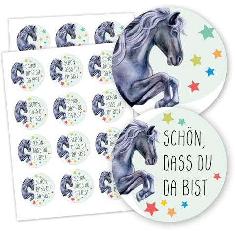 24 Deko-Aufkleber im Pferde Motiv I Ø 4 cm I für Mädchen I 12 Aufkleber mit Spruch und 12 Motiv-Sticker I Aufkleber für Einladungen oder als Geschenk-Aufkleber I dv1118