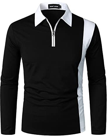 HOOD CREW Men’s Long Sleeve Polo Shirts Golf Shirt Casual Contrasting Color Tennis Top Black