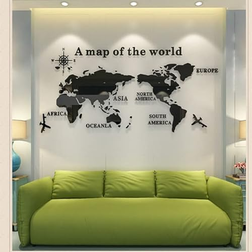 3D große Weltkarte Spiegel Wandaufkleber Acryl Wohnkultur Aufkleber für Büro Wohnzimmer TV Hintergrund Wanddekoration Aufkleber-2497-Schwarz,120X60cm