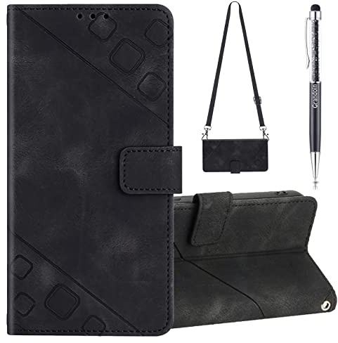 Grandoin Kompatibel mit iPhone 13 Mini Hülle (5,4 Zoll) mit Band, Handykette Handyhülle mit Band Lederhülle Klappbar Flip Case Tasche Magnet Handyband zum Umhängen Schutzhülle mit Kette (Schwarz)