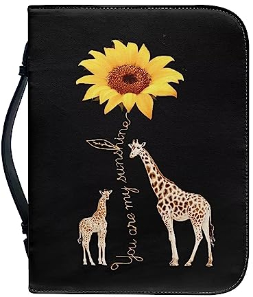 ZIATUBLES Bibelhülle mit Giraffen-Sonnenblumen-Druck, PU-Leder, Bibeltasche mit Griff und Reißverschluss auf der Rückseite, tragbare Bibeltasche für Bibelstudium, Outdoor, täglichen Pendler, M