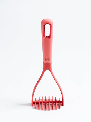 eKu Upcycle Masher - Kitchen Utensils Made from 100% Upcycled Materials - Silicone Grip Handle, Non-Scratch Potato Mashers, High Heat Resistant & Dishwasher Safe - Easy to Use and Clean - Salmon
