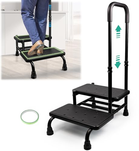 Gyykzz 2-stufiger Hocker mit Griff für ältere Menschen, robuster medizinischer Tritthocker mit verstellbarem Handlauf und rutschfester Plattform für Erwachsene, Senioren und Behinderte, Bettstufen für