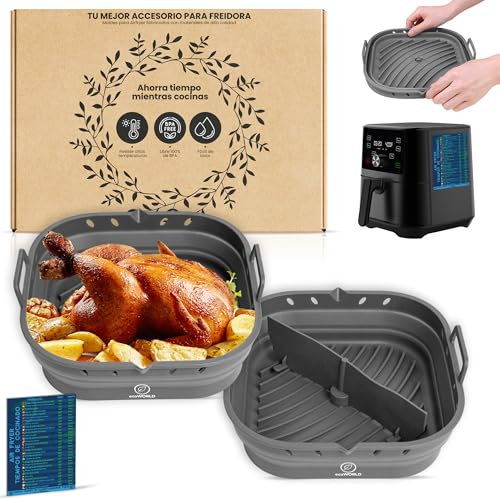 ECOWORLD Pack2 Molde Silicona Freidora de Aire 22cm con Separador de Alimentos + Regalo imán tabla tiempos - Air Fryer- Accesorios Freidora Sin Aceite- Compatible Cosori 5,5L-6,4L y CECOTEC 5,5L