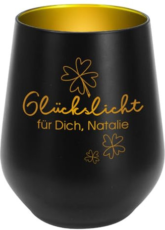 Herz & Heim® graviertes Windlicht mit Aufschrift Glückslicht und Wunschtext/Geschenkidee (Schwarz Standard)