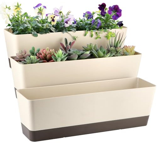 Sanbege Lot de 3 grands pots de fleurs rectangulaires avec plateau, 42,4 cm (beige)