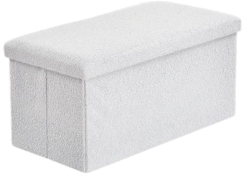 London Dream Foldable Ottoman Boucle Storage Box - Teddy Bear Fabric Two Seater Bench - Double Bed Furniture Foot Stool Seat Rest – Space Saver – Blanket, Toy Chest Organizer (White, Large)