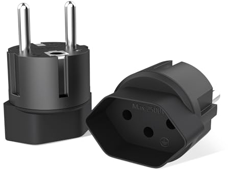 Reiseadapter, 2er Pack Schweiz auf EU Reisestecker Adapter 3 Pin Schweiz auf 2 Pin DE/FR/IT/ES Adapterstecker Typ J Schuko Adapter (2 Stück Schwarz)