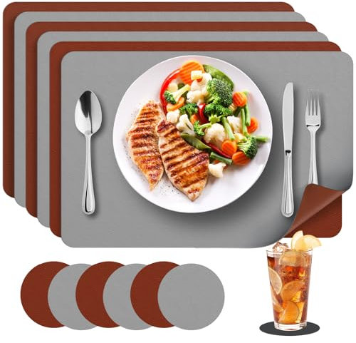 BNIVIAM Tischsets Abwaschbar, Leder Platzsets Abwischbar, 6er Set Premium Tischset aus Leder, rutschfest Wasserdicht Platzdeckchen Telleruntersetzer(Hellgrau Braun)