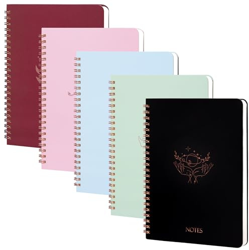 MGGAO A5 Spiral-Notizbuch, 5er-Pack linierte Journal-Notizbücher, mit Doppeltasche, Spiral-Notizbücher zum Schreiben, 8 mm liniert für Schule, Arbeit Büro