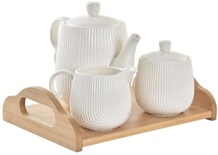 Juego de tetera con tapa, azucarero y lechera con soporte madera bambu para servir mesa