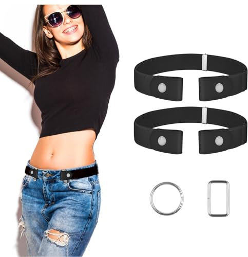 【2 Stück】Elastischer Gürtel Ohne Schnalle - Justierbar, Langlebig, Stretch für Jeans, Hosen, Kleid - Einstellbarer Unsichtbarer Gürtel für Damen (2 Stück Set F, L-2XL)