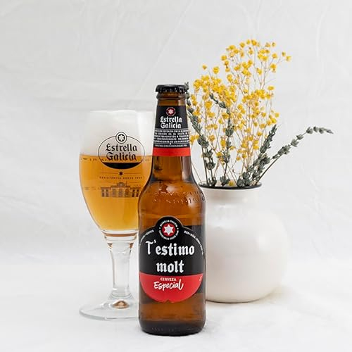Estrella Galicia Edición Frases Especiales con copa Atlántica - Una botella de cerveza de 33cl + Copa - Ideal para regalar (T'estimo molt)
