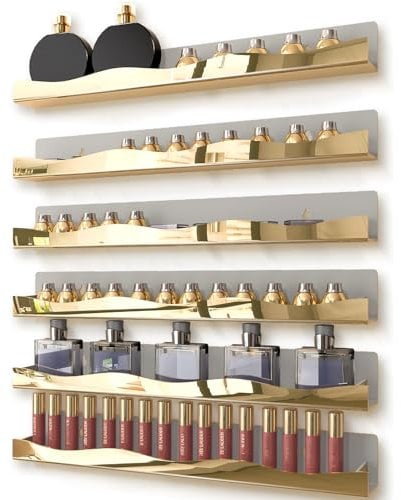 YMVV Mirror Gold Acrylic Nail Polish Rack, 15 Inch Wall Mounted Shelf Nail Polish Shelf, Sunglasses Essential Oil Storage Display Rack 6 Pack