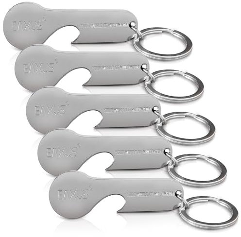 Eaxus® 5er Set Einkaufswagenlöser aus Edelstahl - Hochwertiger Einkaufswagenchip mit Schlüsselanhänger, Silber