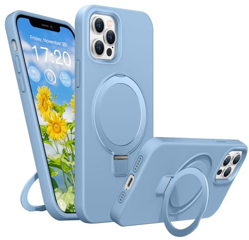 BENTIACC Liquid Silicone Case for iPhone 12 pro max, Magnetic Rugged Stand Ring, 4-Layer Shockproof Protective Case, Soft Microfibre Lining Scratch Resistant Protective Case for 12 promax (light blue)
