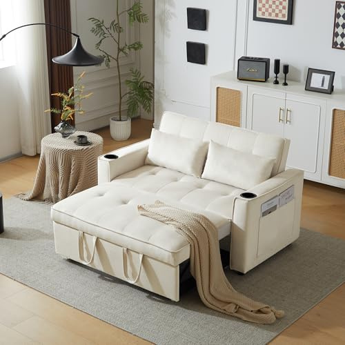 KecDuey Schlafsofa, Multifunktionssofa,Klappbares Couch mit Schlaffunktion, Schlafsofa mit Getränkehalter und Kissen, geeignet für Wohnzimmer, Schlafzimmer, Heimkino-Wohnung (Beige)