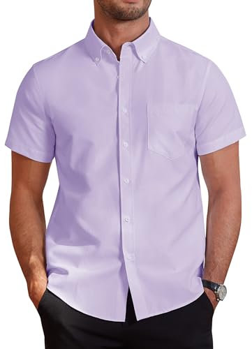 J.VER Men's Short Sleeve Shirts Smart Casual Non Iron Cotton Shirt Regular Fit Button Down Oxford Business Wedding Office Work Summer Shirt Purple L