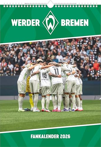 N Neumann - Werder Bremen 2026 – Wandkalender A3 (30x42 cm) mit 12 Monatsblättern, deutschem Kalendarium & Spiralbindung, Fußball-Fankalender mit Spielerfotografien in Grün-Weiß: Fankalender 2026