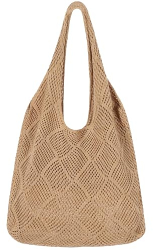 Strandtasche Damen Häkeltasche für den Sommer, Tasche Geflochten, Beach Bag für Den Sommer, Gehäkelte Mesh Strand Tote Bag Groß Umhängetasche Netz-Stricktasche für Urlaub Reisen Strand Sommer(Braun)