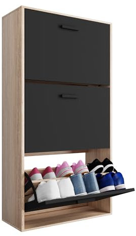 Casabel - Mueble zapatero de 18 pares - Estantería de gran capacidad para vestíbulo o pasillo - (ancho) 60 x (profundidad) 24 x (alto) 113 cm - Puertas negras con marco de madera clara