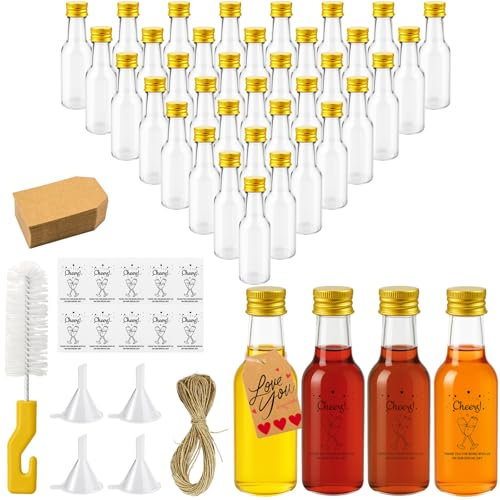 Nadisean 40 Stück 50ml Kleine Flaschen zum Befüllen, Mini Flaschen zum Befüllen Kunststoff, Kleine Likörflaschen mit Deckel Trichter Etikett, Wiederverwendbare Schnapsflaschen für Hochzeiten Party